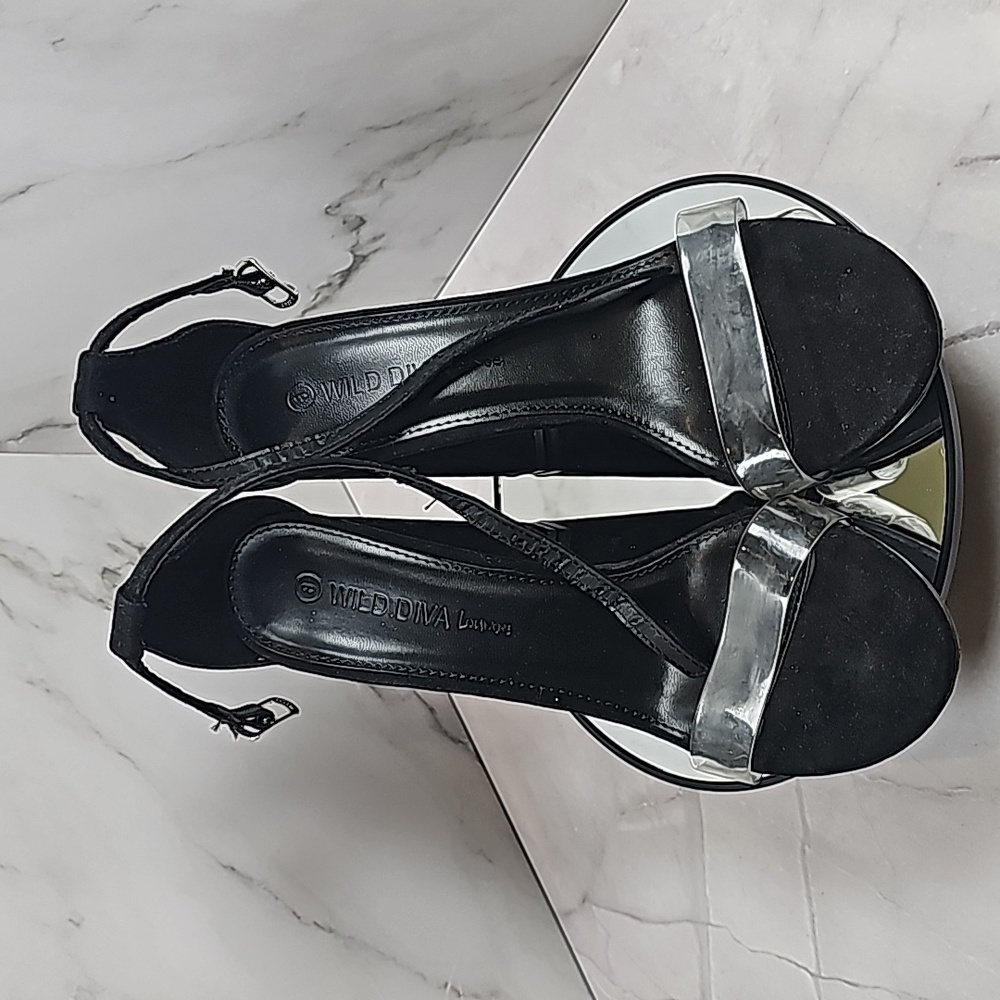 Wild Diva Lounge Black Strappy Shoes Sz 8 Open Toe Heels 4"